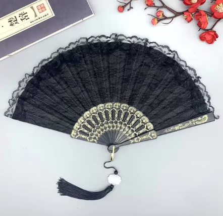 Luxury White Lace Folding Fan - Double-Layered Wedding and Cosplay Accessory with Carved Plastic Ribs