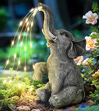 GIGALUMI Elephant Statue Garden Decor – Solar-Powered Watering Elephant Figurine with LED Lights