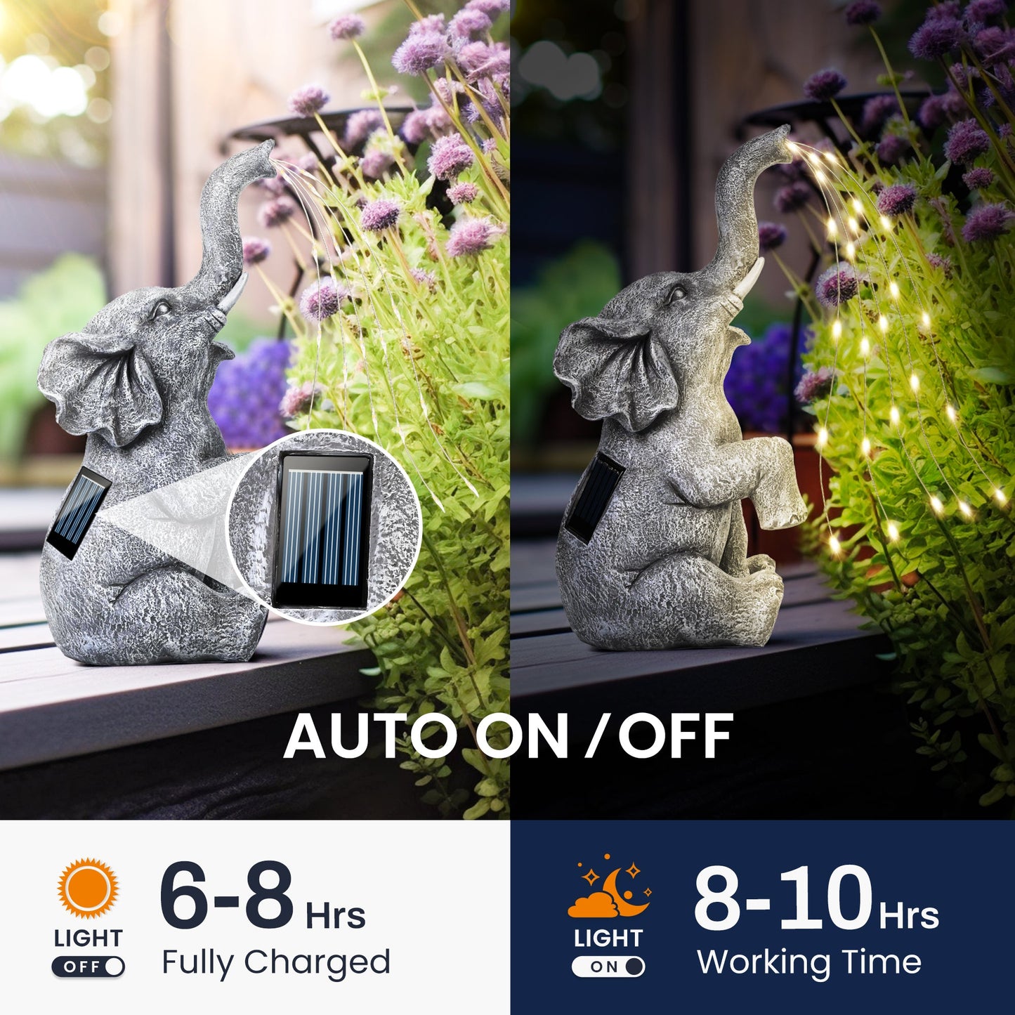 GIGALUMI Elephant Statue Garden Decor – Solar-Powered Watering Elephant Figurine with LED Lights