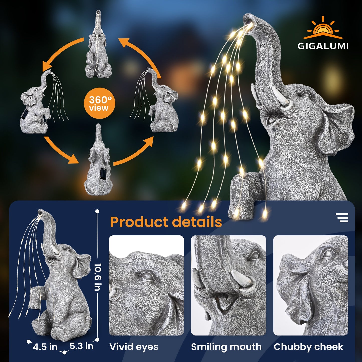 GIGALUMI Elephant Statue Garden Decor – Solar-Powered Watering Elephant Figurine with LED Lights