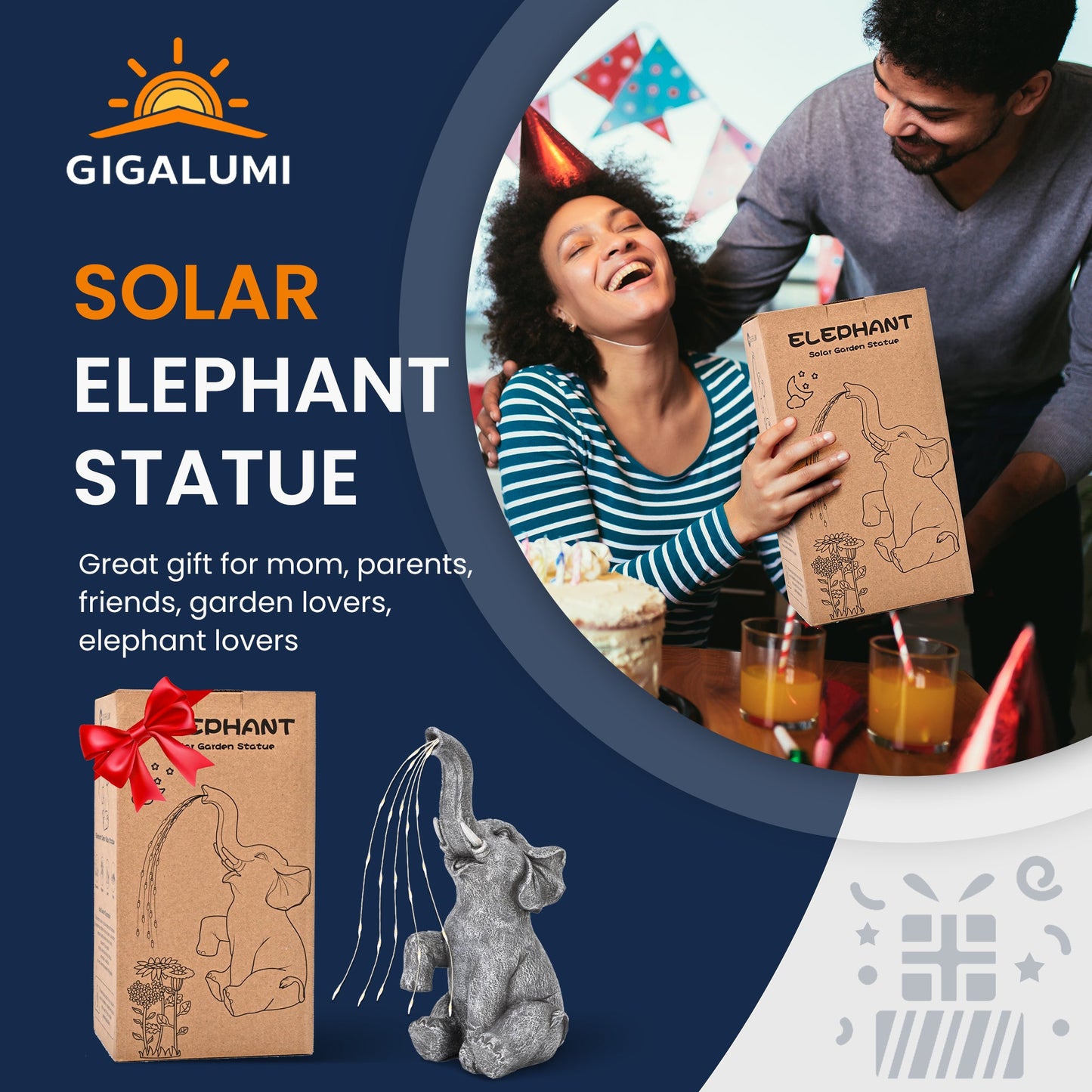 GIGALUMI Elephant Statue Garden Decor – Solar-Powered Watering Elephant Figurine with LED Lights