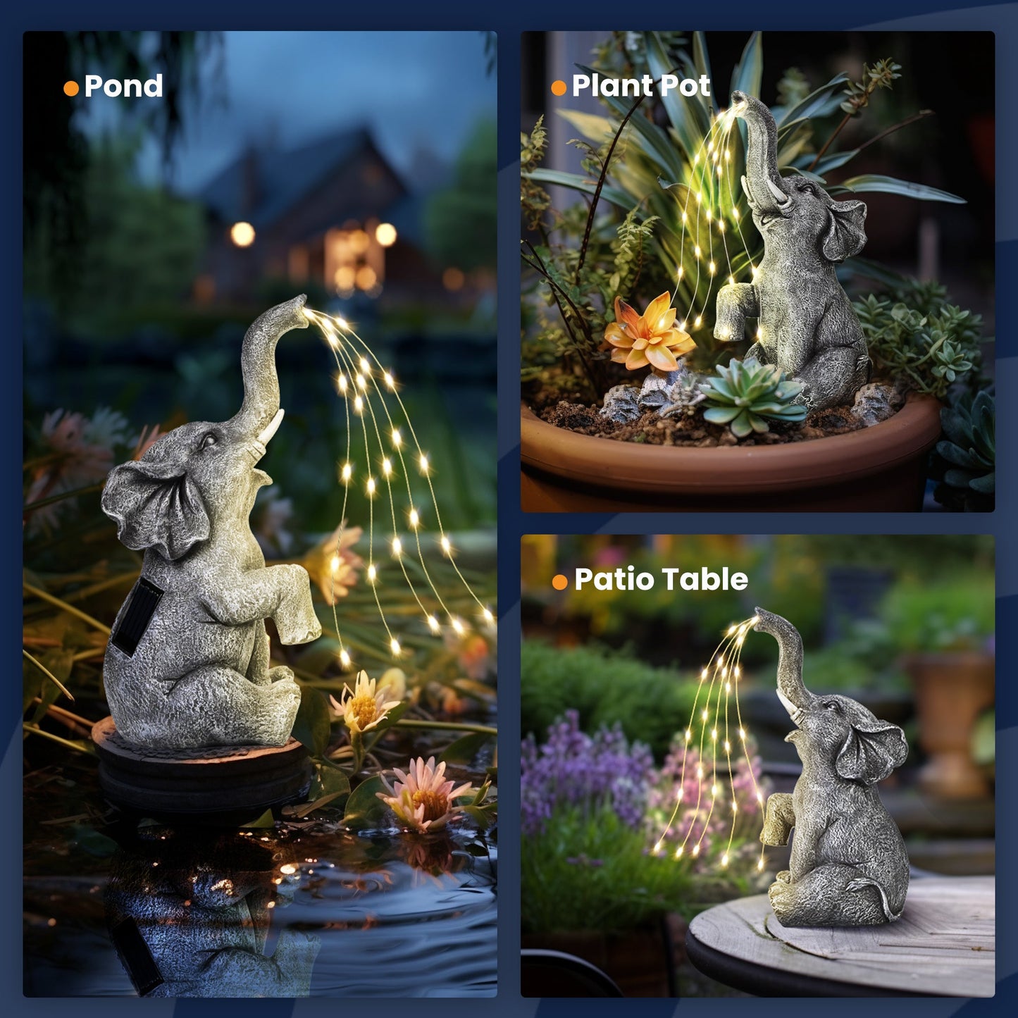 GIGALUMI Elephant Statue Garden Decor – Solar-Powered Watering Elephant Figurine with LED Lights