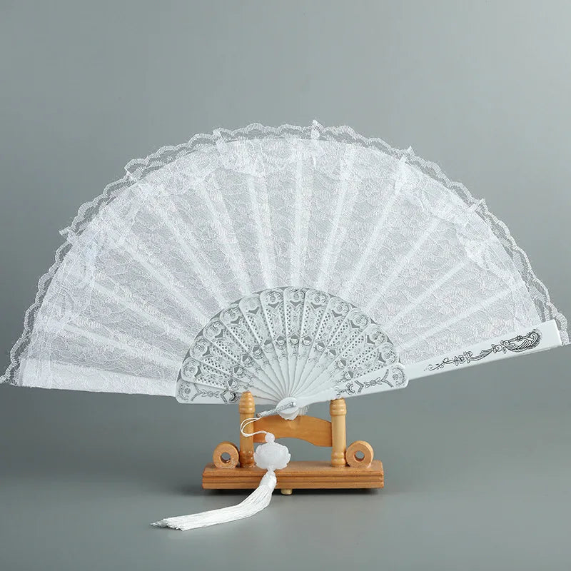 Luxury White Lace Folding Fan - Double-Layered Wedding and Cosplay Accessory with Carved Plastic Ribs