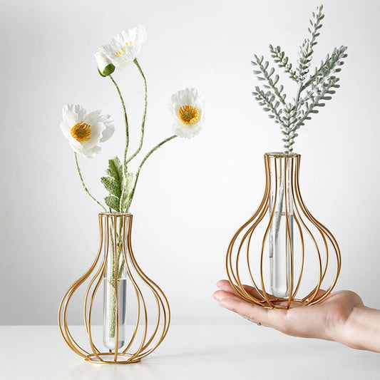 Nordic Geometric Glass Vase | Hydroponic Flower Vase with Metal Stand | Modern Desktop & Home Decor