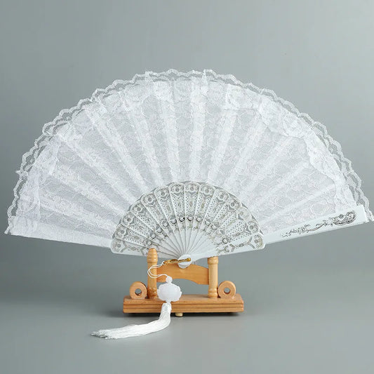 Luxury White Lace Folding Fan - Double-Layered Wedding and Cosplay Accessory with Carved Plastic Ribs