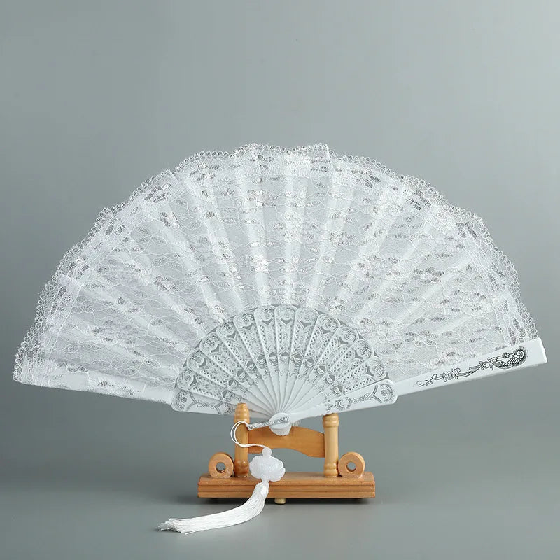 Luxury White Lace Folding Fan - Double-Layered Wedding and Cosplay Accessory with Carved Plastic Ribs