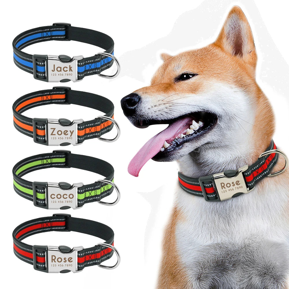 Personalized Nylon Dog Collar – Engraved ID Tag & Reflective Design for Small to Large Dogs!