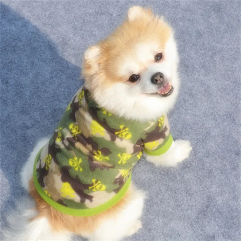 Warm Fleece Pet Dog Jacket – Cute Skull Printed Coat for Puppies & Small Dogs – French Bulldog Camouflage Pullover for Autumn/Winter