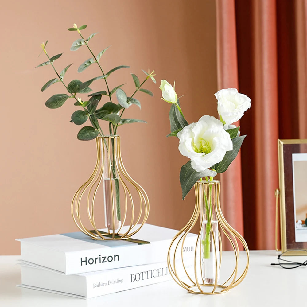 Nordic Geometric Glass Vase | Hydroponic Flower Vase with Metal Stand | Modern Desktop & Home Decor