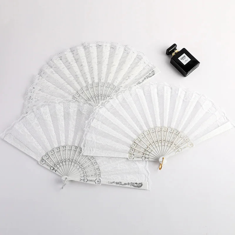 Luxury White Lace Folding Fan - Double-Layered Wedding and Cosplay Accessory with Carved Plastic Ribs