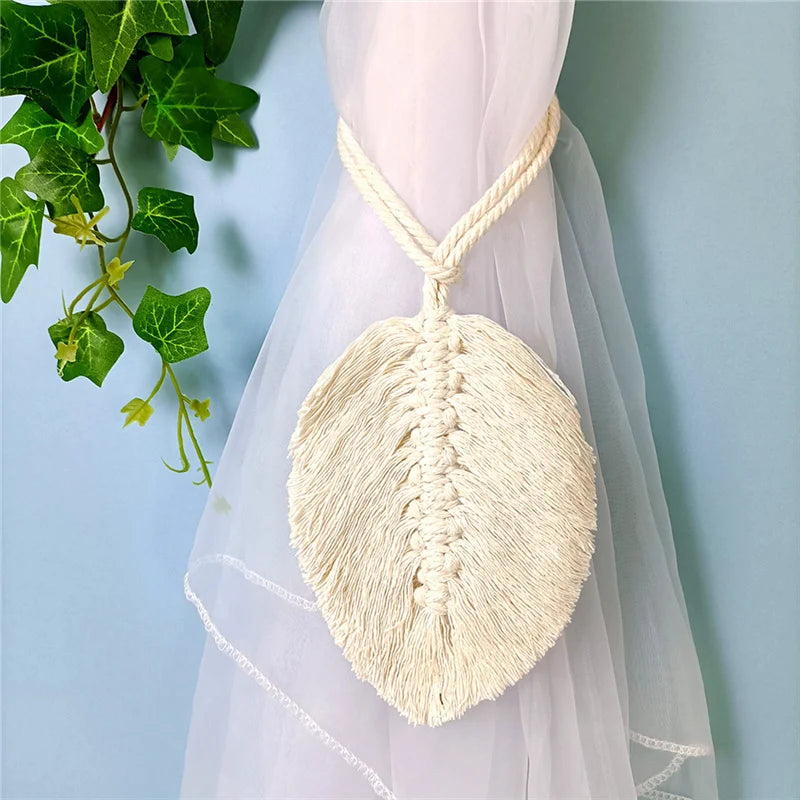 Leaf Macrame Curtain Tie Backs - Handwoven Cotton Tassel Straps for Boho Decor