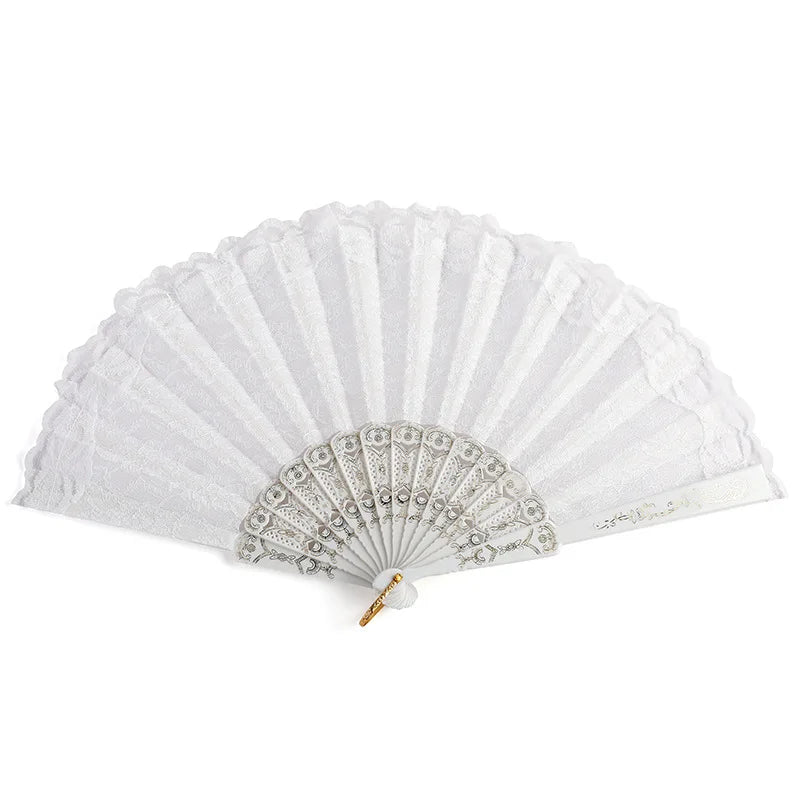 Luxury White Lace Folding Fan - Double-Layered Wedding and Cosplay Accessory with Carved Plastic Ribs