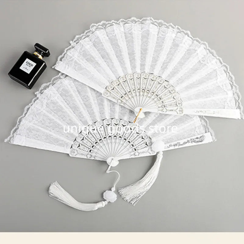 Luxury White Lace Folding Fan - Double-Layered Wedding and Cosplay Accessory with Carved Plastic Ribs