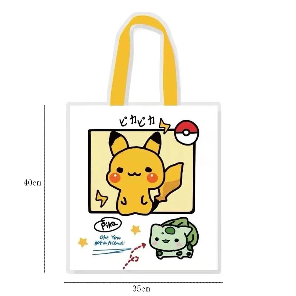 Kawaii Pikachu & Friends Canvas Tote Bag – Squirtle & Psyduck Design, Reusable Grocery and School Bag for Girls & Gifts