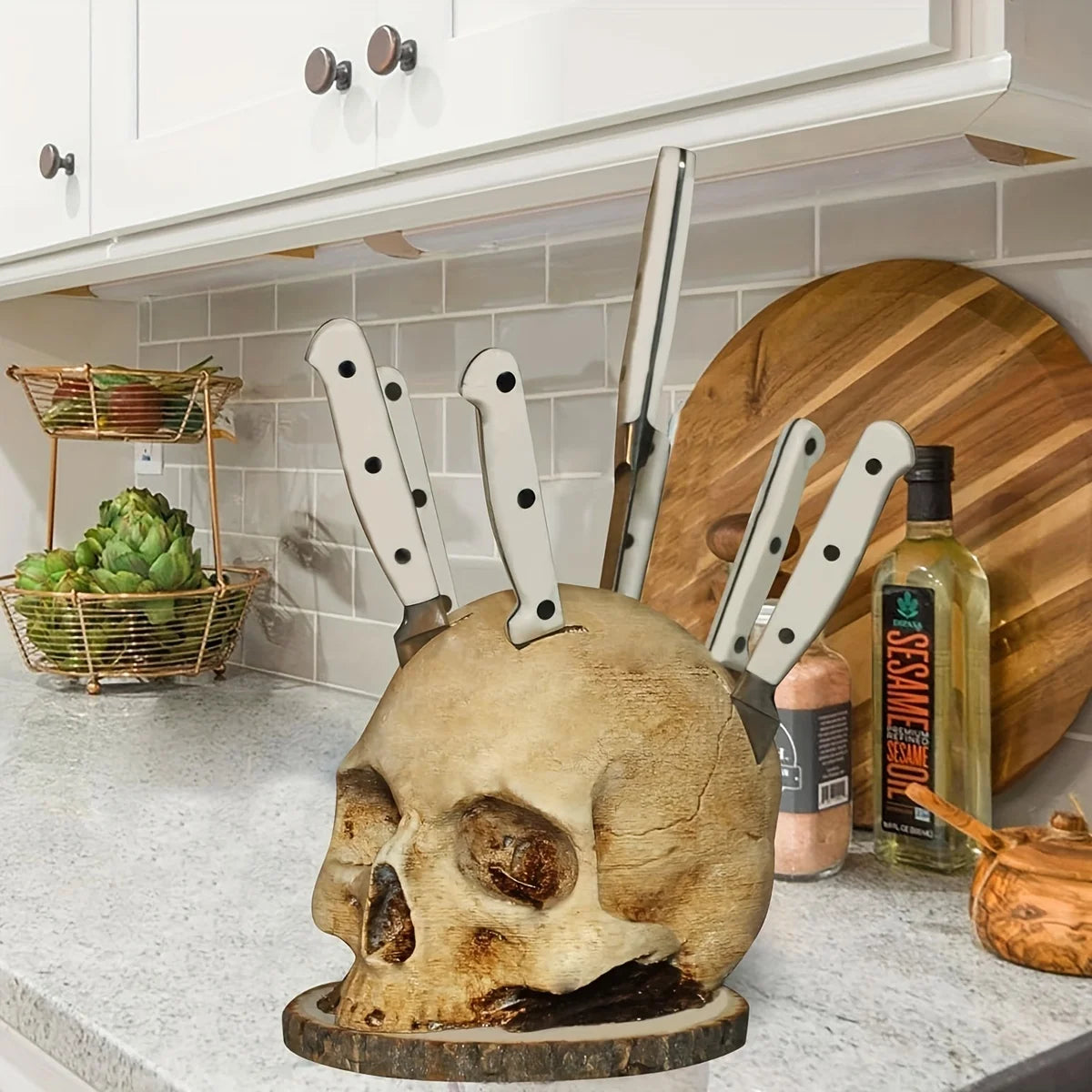 Skull Resin Knife Holder – Spooky Kitchen Decor by Bandito & Co. for a Horror Atmosphere