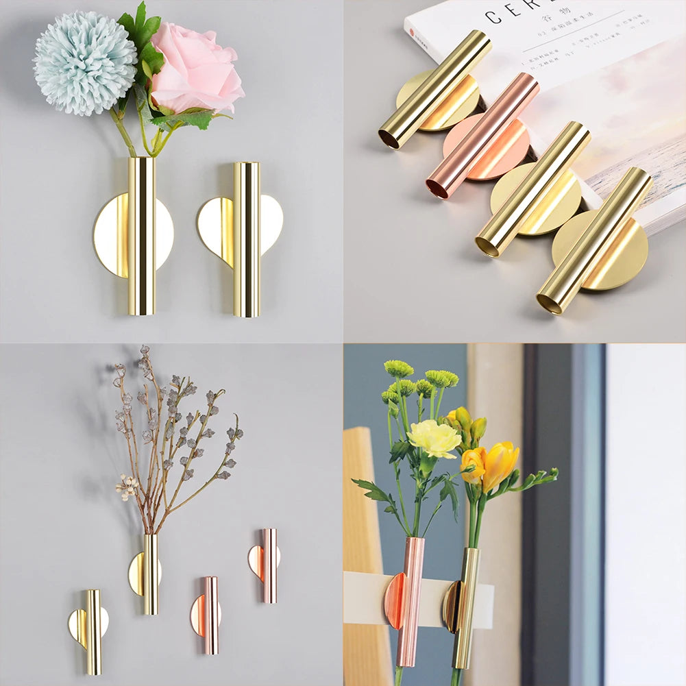 Rose Gold Stainless Steel Wall Vase - Modern Wall-Mounted Flower Holder for Home and Wedding Decor