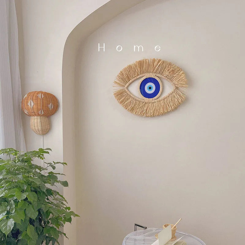 Moroccan Handwoven Evil Eye Wall Decor | Boho Wicker & Wood Beads | Unique Entryway & Living Room Wall Hanging