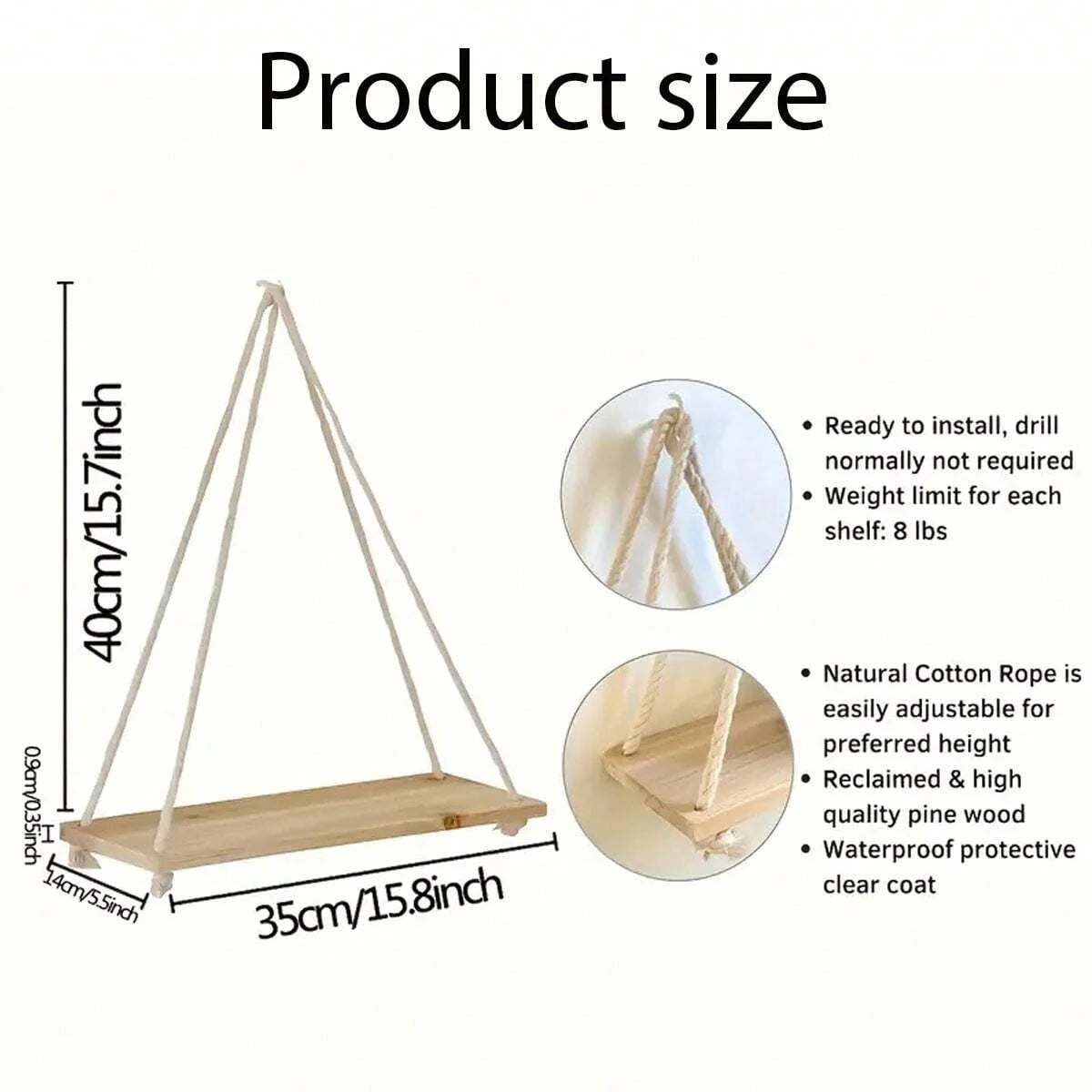 Wooden Swing Hanging Shelf with Hemp Rope – Perfect Floating Wall Shelf for Living Room, Plant Display, or Garden Décor