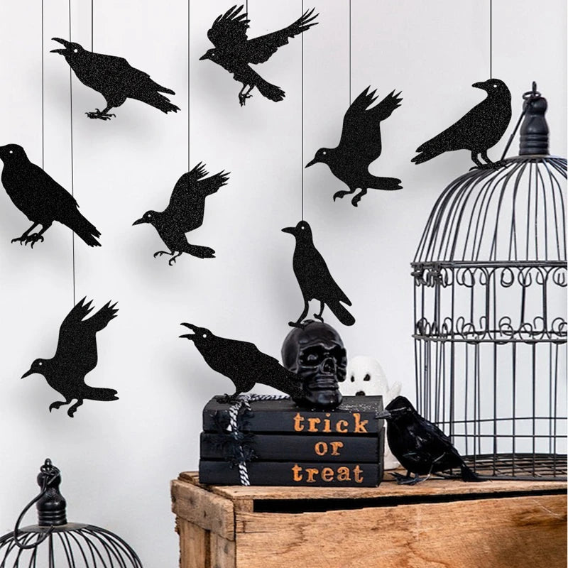 Halloween Black Crow Hanging Banner - 9pcs Garland for Spooky Home & Party Decorations