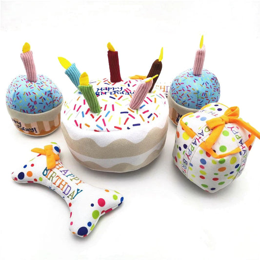 Pet Birthday Cake Squeaky Toy Set - Interactive, Bite-Resistant Dog and Cat Chew Toys