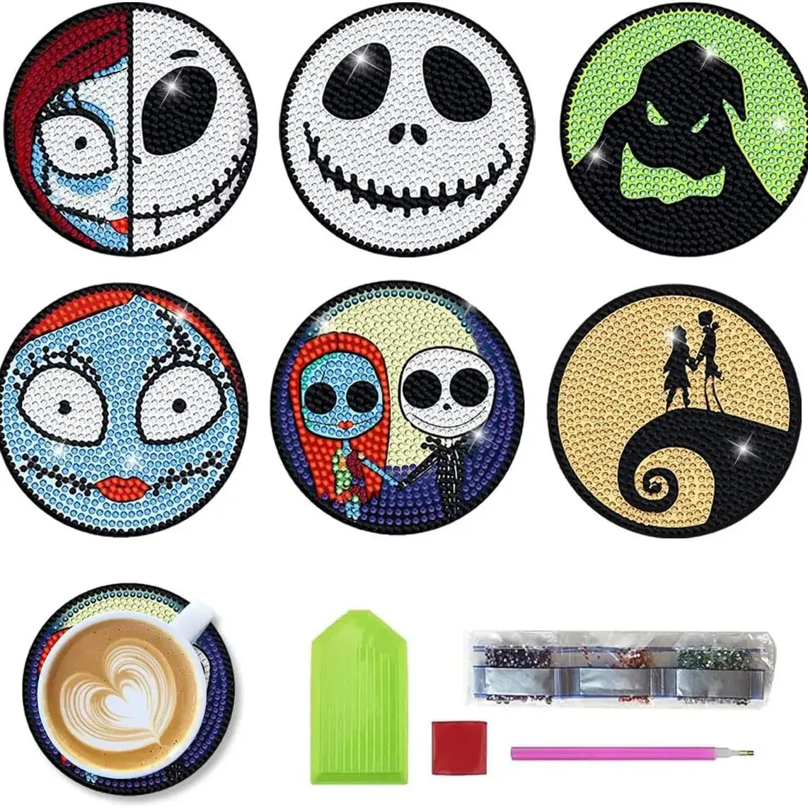 Halloween Skull Jack 6 Pieces DIY Crystal Glitter Diamond Painted Wooden Art Coaster with Stand