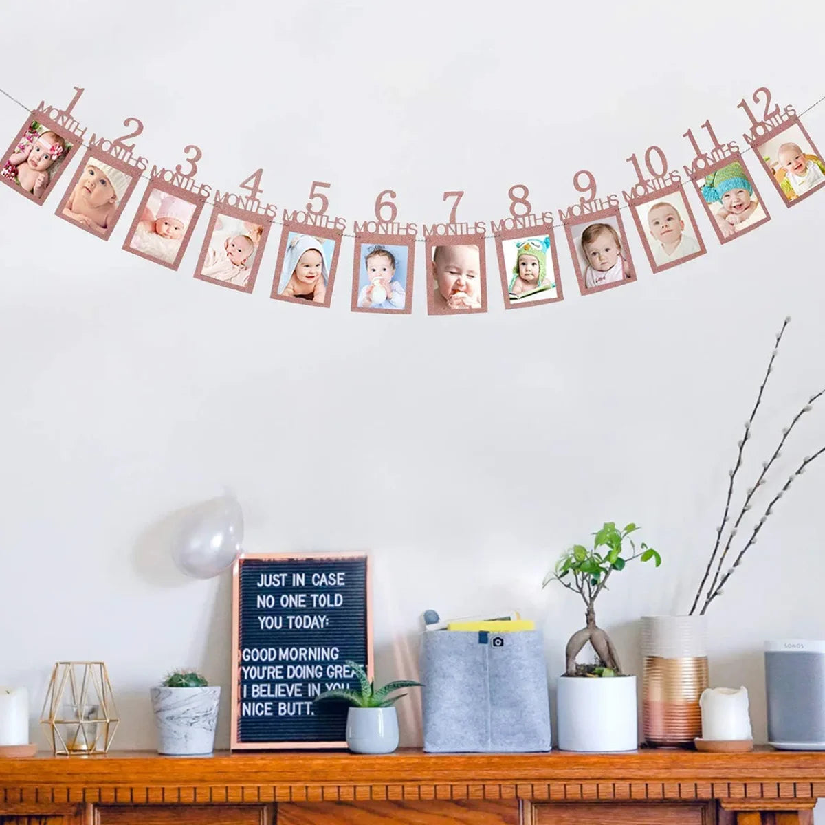 Birthday Baby 1 Year 12-Month Photo Banner - First Birthday Party Decoration for Boys & Girls