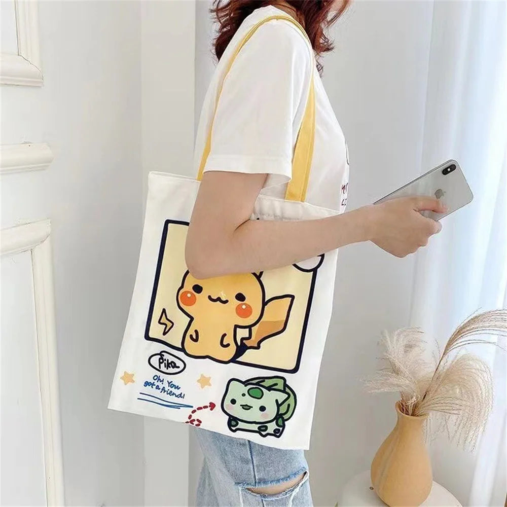 Kawaii Pikachu & Friends Canvas Tote Bag – Squirtle & Psyduck Design, Reusable Grocery and School Bag for Girls & Gifts