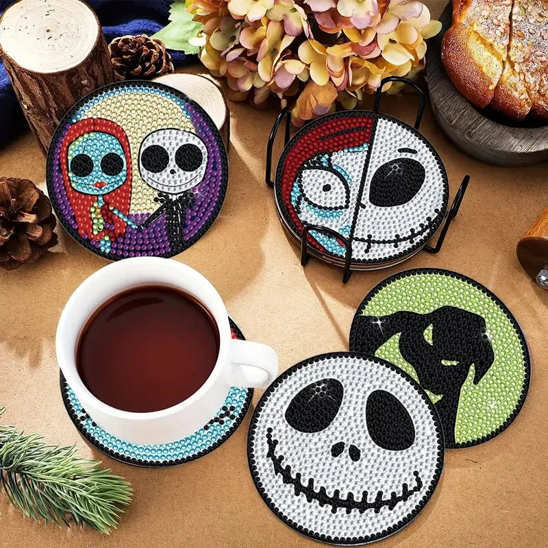 Halloween Skull Jack 6 Pieces DIY Crystal Glitter Diamond Painted Wooden Art Coaster with Stand