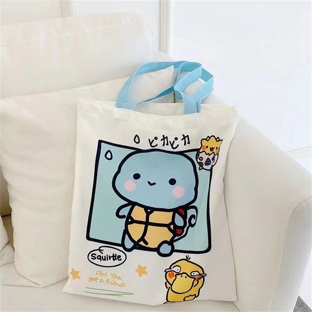 Kawaii Pikachu & Friends Canvas Tote Bag – Squirtle & Psyduck Design, Reusable Grocery and School Bag for Girls & Gifts