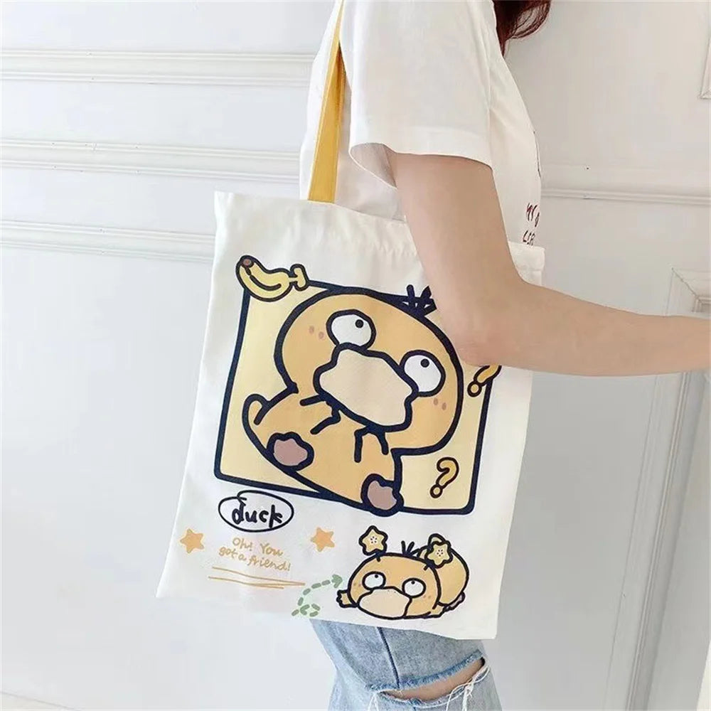 Kawaii Pikachu & Friends Canvas Tote Bag – Squirtle & Psyduck Design, Reusable Grocery and School Bag for Girls & Gifts