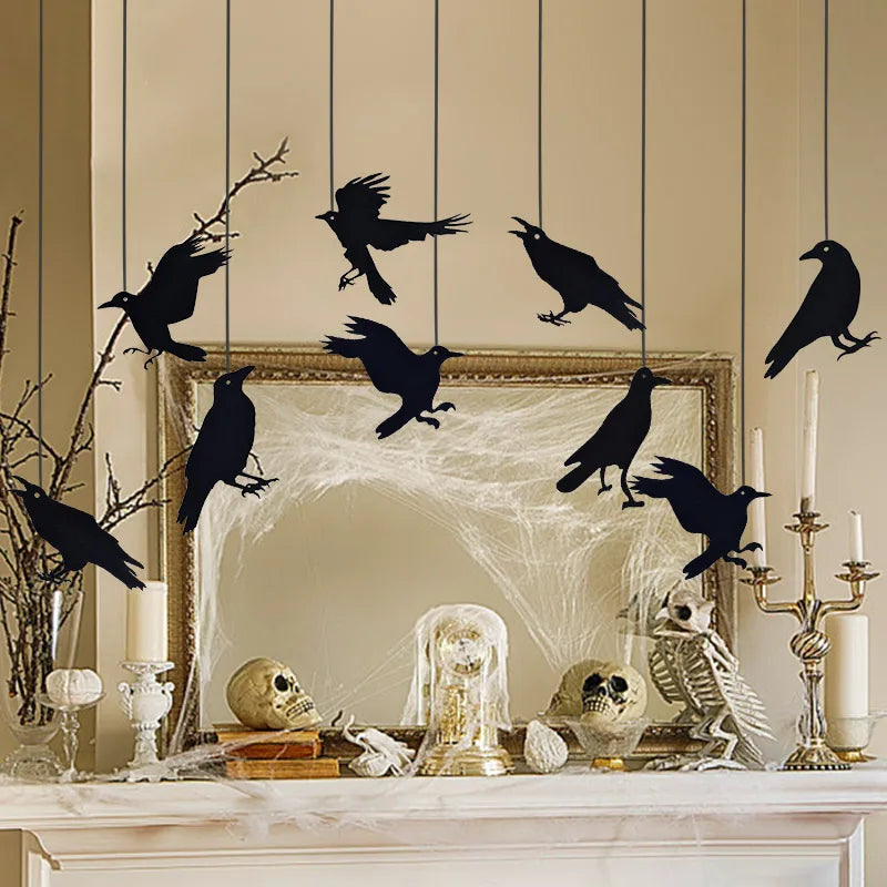 Halloween Black Crow Hanging Banner - 9pcs Garland for Spooky Home & Party Decorations