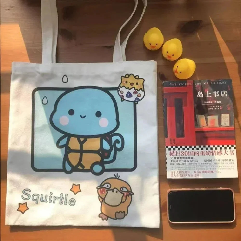 Kawaii Pikachu & Friends Canvas Tote Bag – Squirtle & Psyduck Design, Reusable Grocery and School Bag for Girls & Gifts