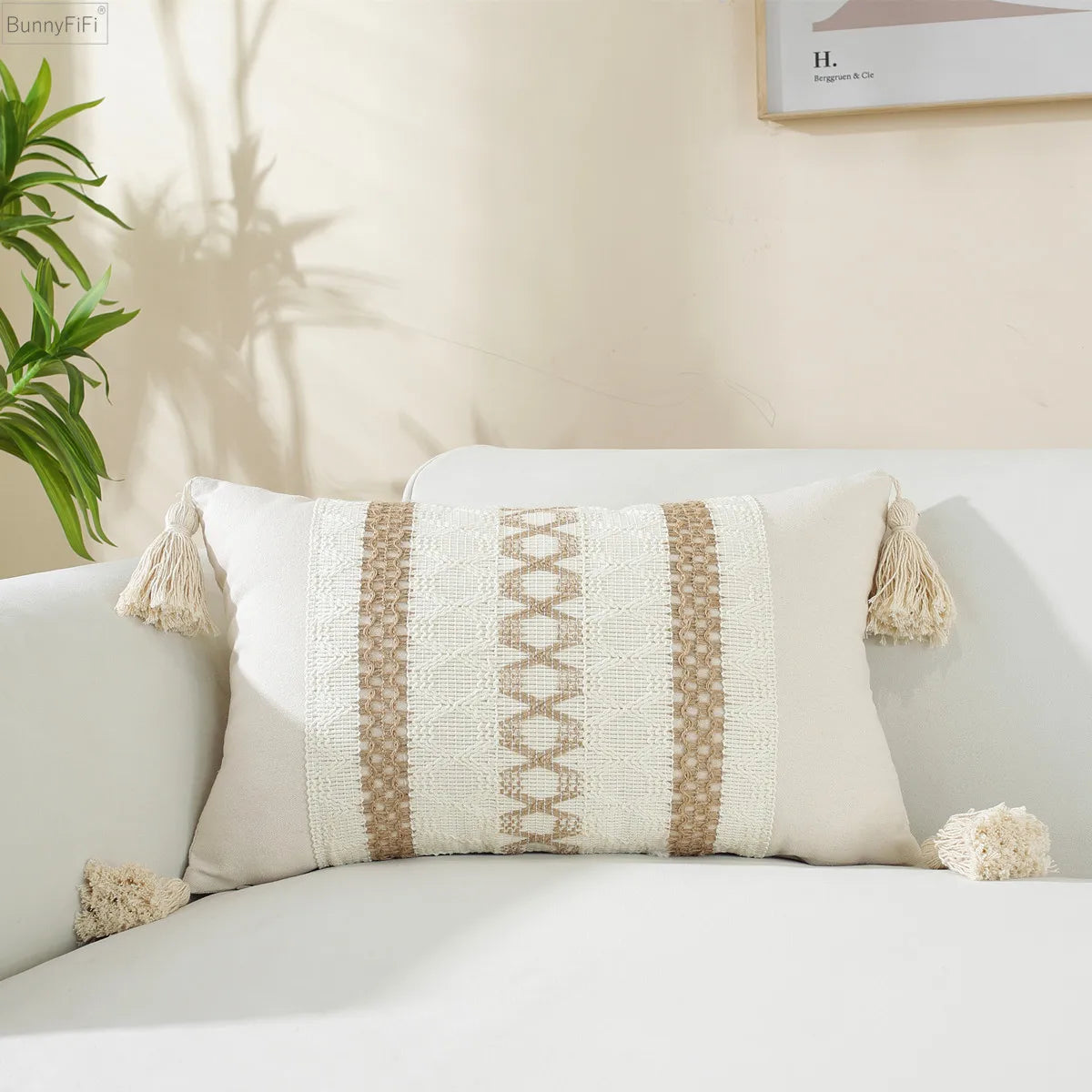 Diamond Beige Linen Cushion Cover - 45x45cm Boho Farmhouse Pillow with Tassels for Sofa, Chair, or Couch