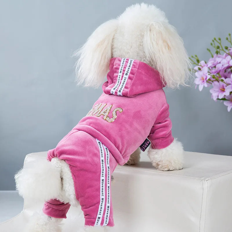 Luxury Velvet Dog Jumpsuit - Hooded Coat for Small & Medium Dogs | Warm Tracksuit Overalls for Yorkie Puppies | Autumn & Winter Pet Fashion