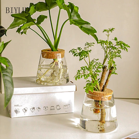 Nordic Glass Vase with Wooden Tray | Minimalist Hydroponic Plant Holder | Green Mini Bottle Home Decor