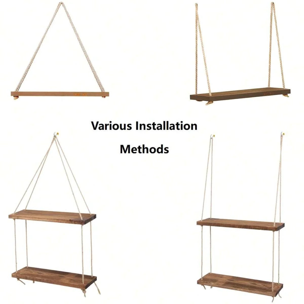 Wooden Swing Hanging Shelf with Hemp Rope – Perfect Floating Wall Shelf for Living Room, Plant Display, or Garden Décor