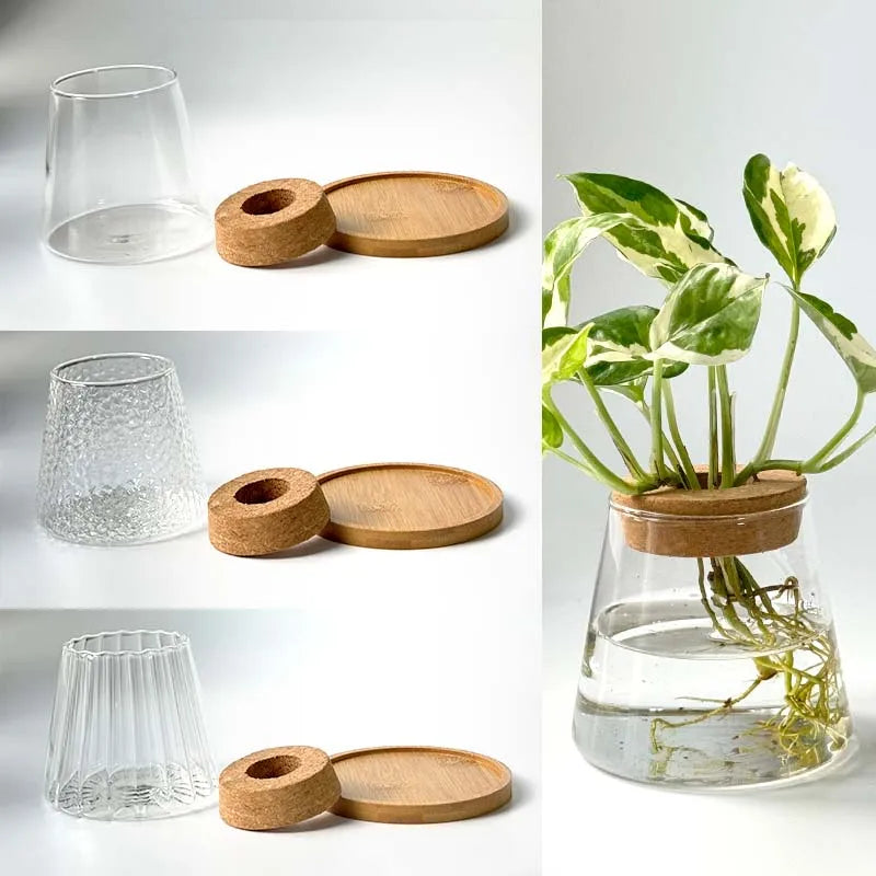 Nordic Glass Vase with Wooden Tray | Minimalist Hydroponic Plant Holder | Green Mini Bottle Home Decor