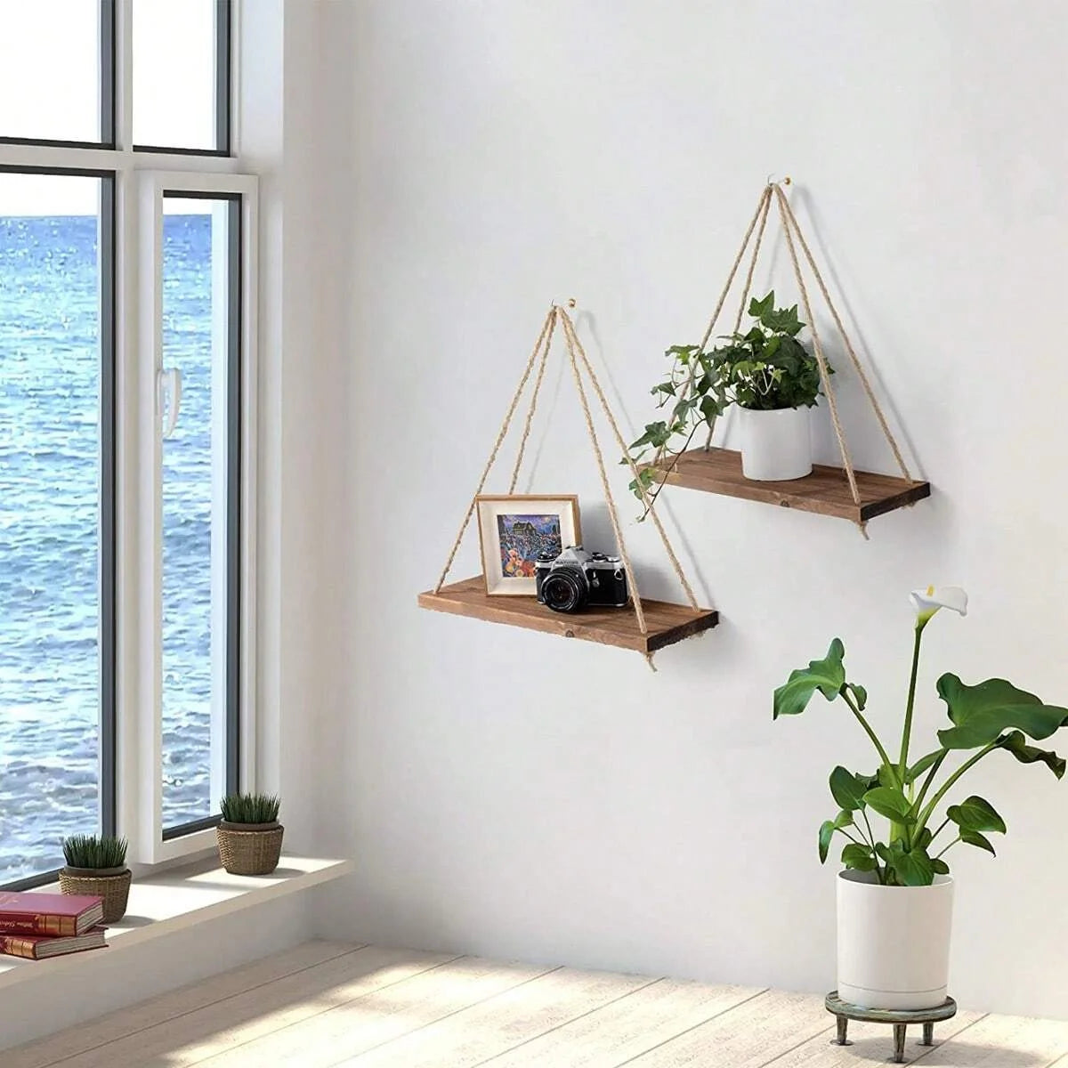 Wooden Swing Hanging Shelf with Hemp Rope – Perfect Floating Wall Shelf for Living Room, Plant Display, or Garden Décor