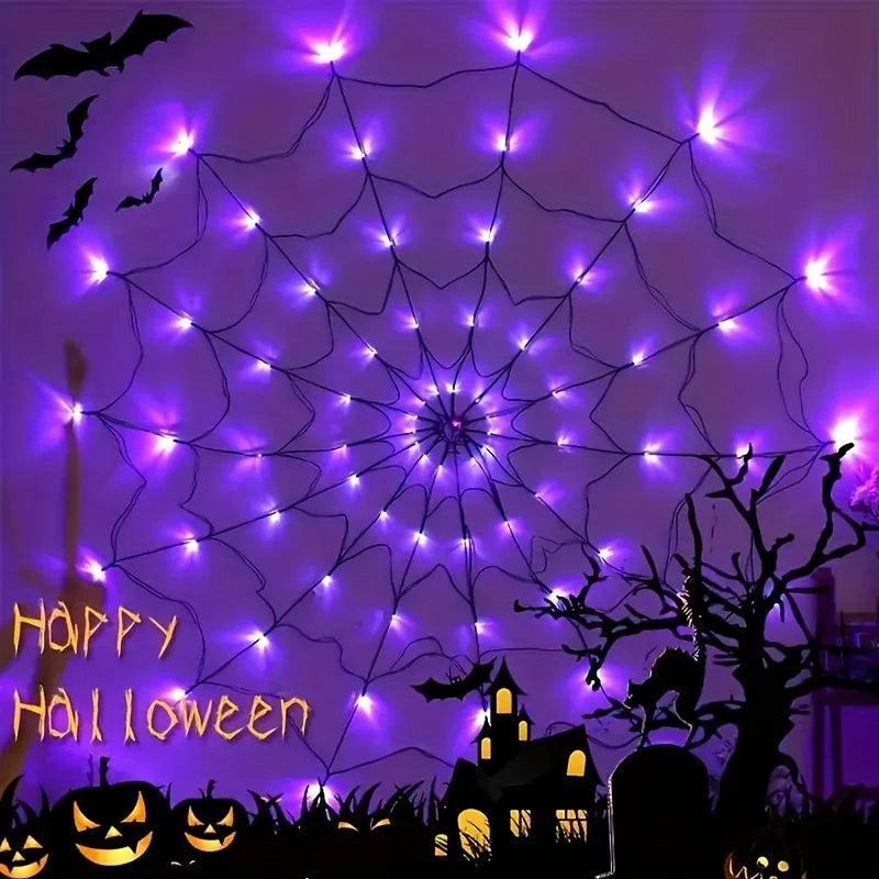 70 LEDs Halloween Spider Web LED Lights - Battery Operated with Remote Control for Garden & Wall Décor