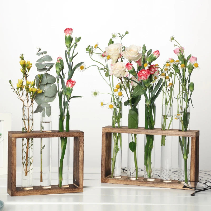 1 Set Hydroponic Plant Glass Test Tube Vase with Wooden Frame – Perfect for Desktop, Home, or Office Decor