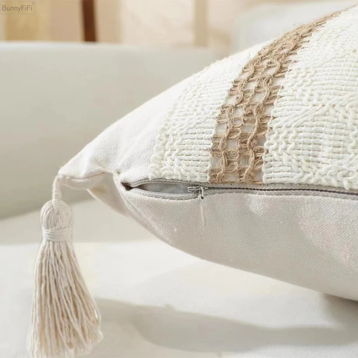 Diamond Beige Linen Cushion Cover - 45x45cm Boho Farmhouse Pillow with Tassels for Sofa, Chair, or Couch