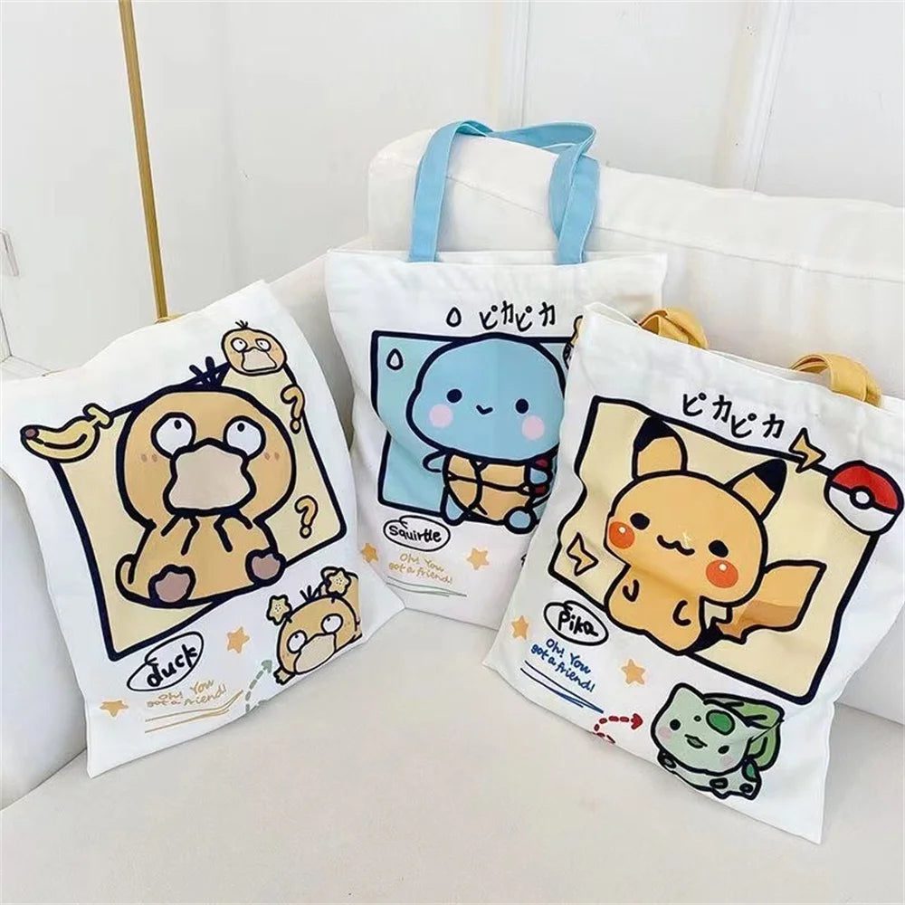 Kawaii Pikachu & Friends Canvas Tote Bag – Squirtle & Psyduck Design, Reusable Grocery and School Bag for Girls & Gifts