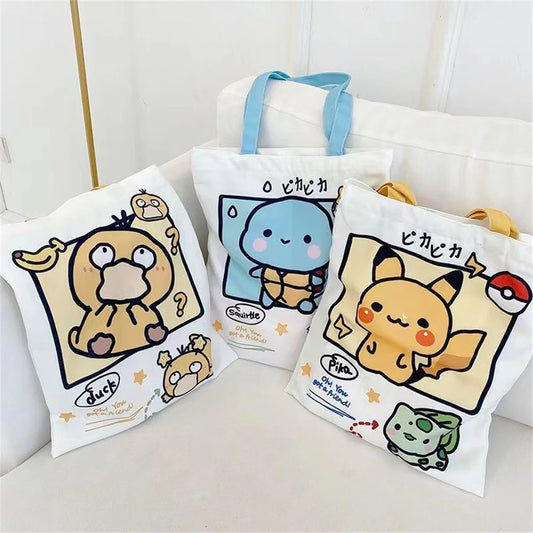 Kawaii Pikachu & Friends Canvas Tote Bag – Squirtle & Psyduck Design, Reusable Grocery and School Bag for Girls & Gifts