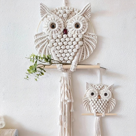 Owl Macrame Wall Hanging - Handwoven Boho Decor for Apartment or Dorm Room