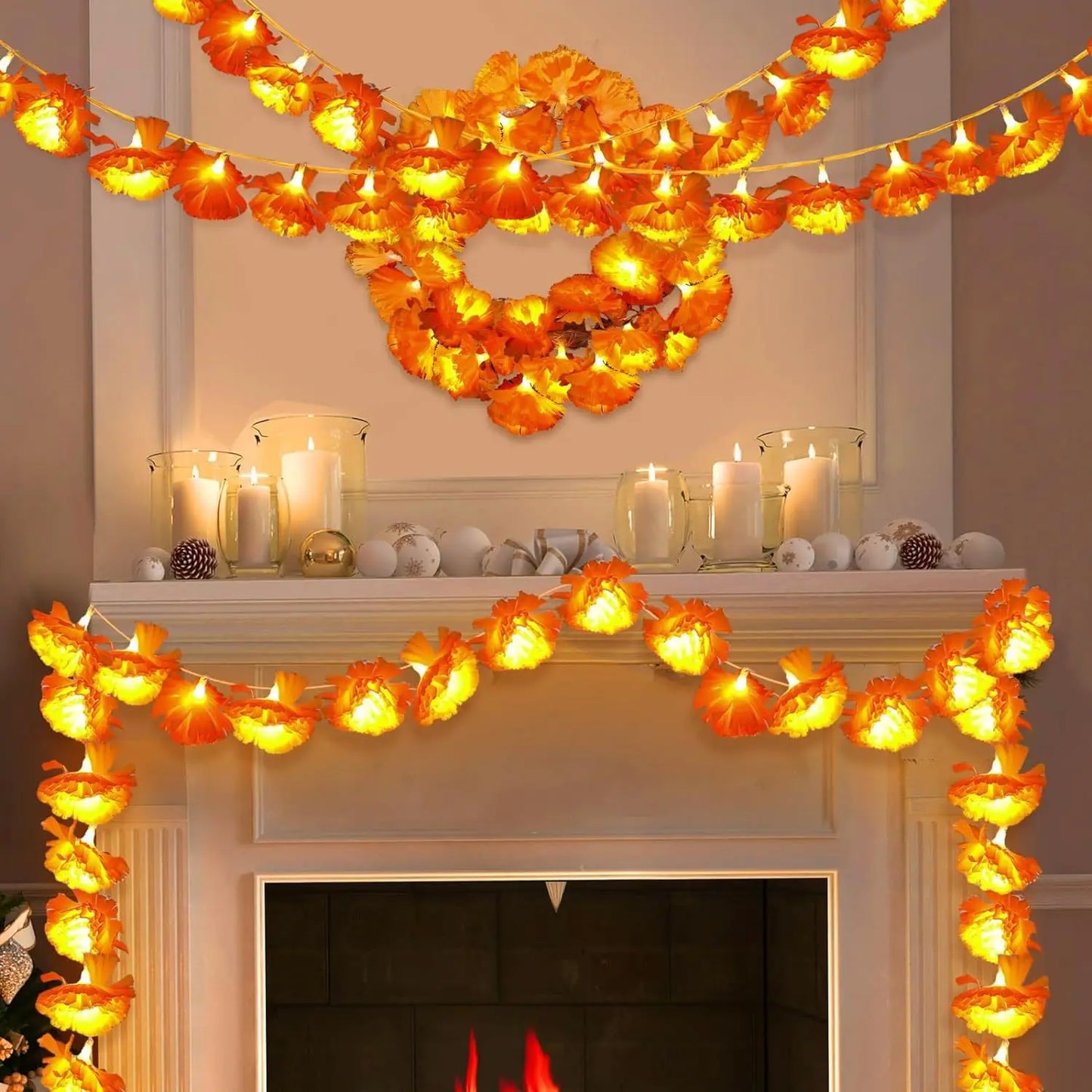 Marigold LED Garland String Lights - Battery Operated for Indoor/Outdoor Decorations, Dia de los Muertos, Diwali, and Fall Events