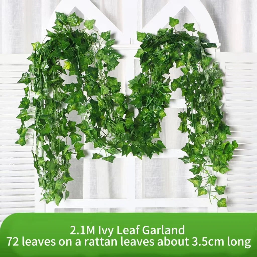 2.1M Green Ivy Leaf Hanging Vine Artificial Garland for Home Garden Decoration - Silk Plant for Weddings, Parties, DIY Projects