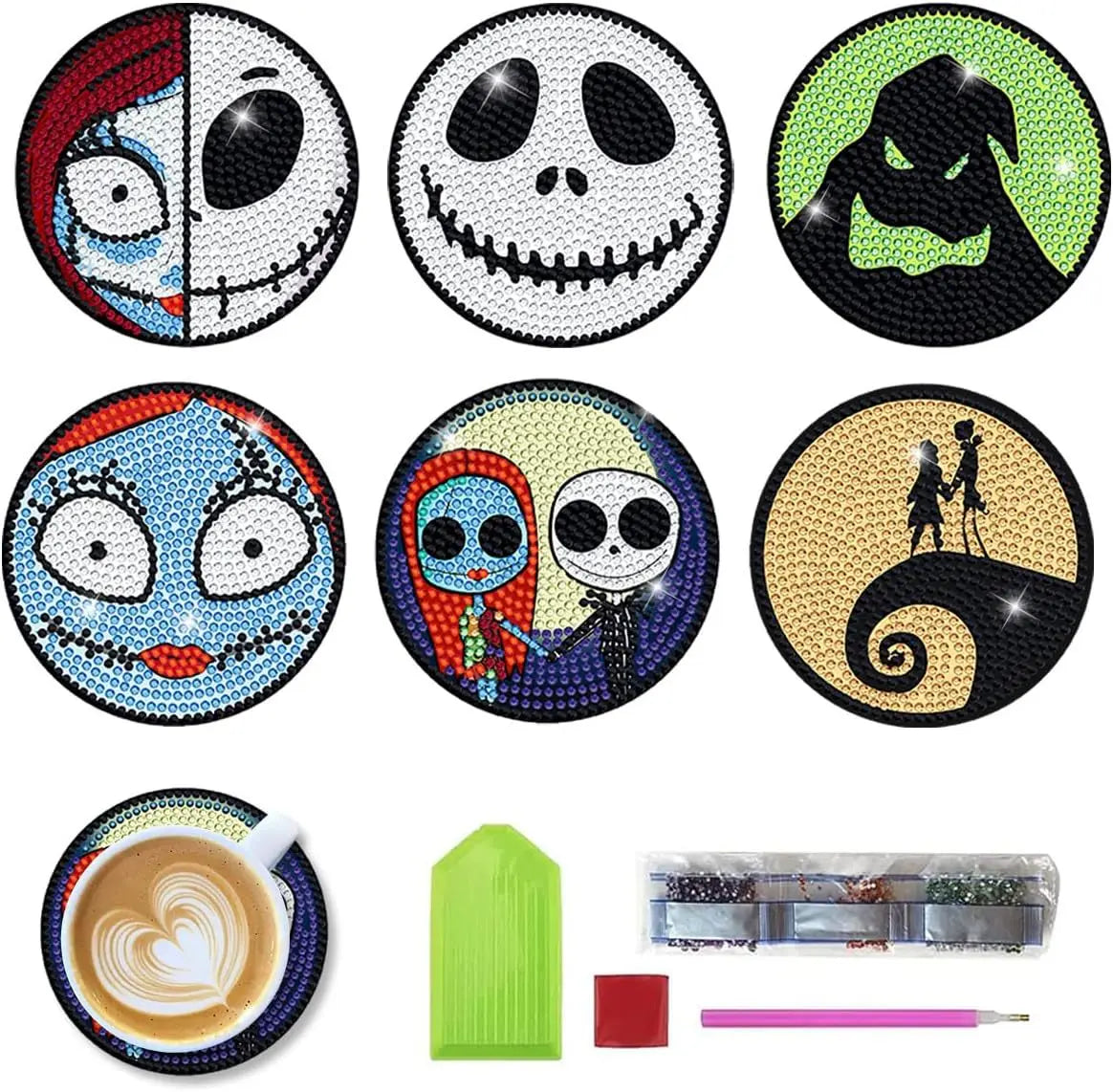 Halloween Skull Jack 6 Pieces DIY Crystal Glitter Diamond Painted Wooden Art Coaster with Stand