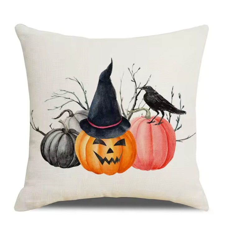 Spooky Farmhouse Charm: Halloween Pumpkin Cushion Cover - 18x18 Inch