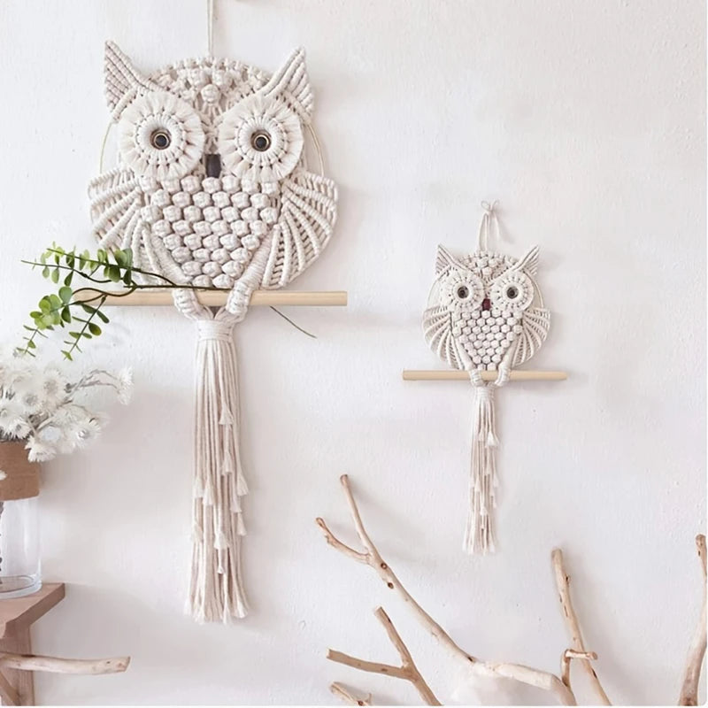 Owl Macrame Wall Hanging - Handwoven Boho Decor for Apartment or Dorm Room