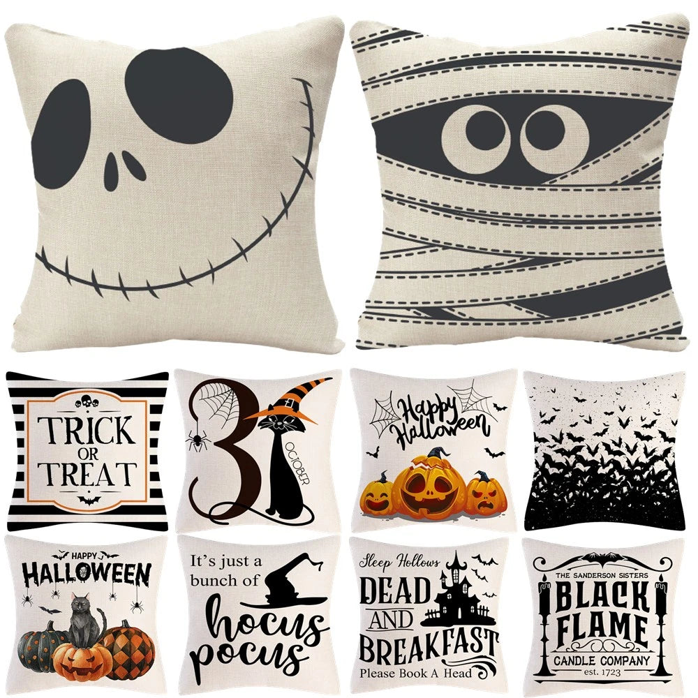 Halloween Magic: Cat Witch Linen Cushion Cover for Fall Home Decor